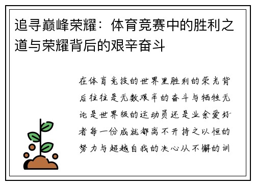 追寻巅峰荣耀：体育竞赛中的胜利之道与荣耀背后的艰辛奋斗